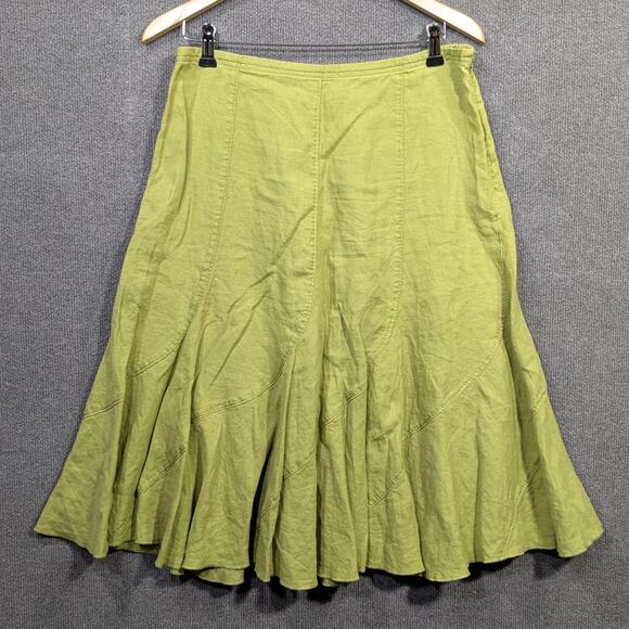 J Jill Linen Skirt Womens 10 Midi Green Twirl Indie Prep Boho Eclectic Casual - Picture 1 of 11